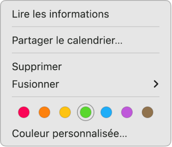 Un menu de raccourcis de Calendrier qui affiche les options pour régler la couleur d’un calendrier.
