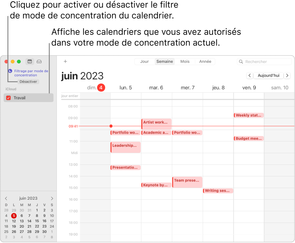 Une fenêtre Calendrier en présentation par semaine qui affiche seulement le calendrier Travail dans la barre latérale après l’activation du mode de concentration « Travail ».