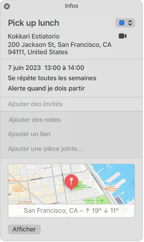Une fenêtre d’informations d’un événement de Calendrier. Les détails de l’événement sont affichés, notamment le nom et l’adresse du lieu, ainsi qu’un petit plan.