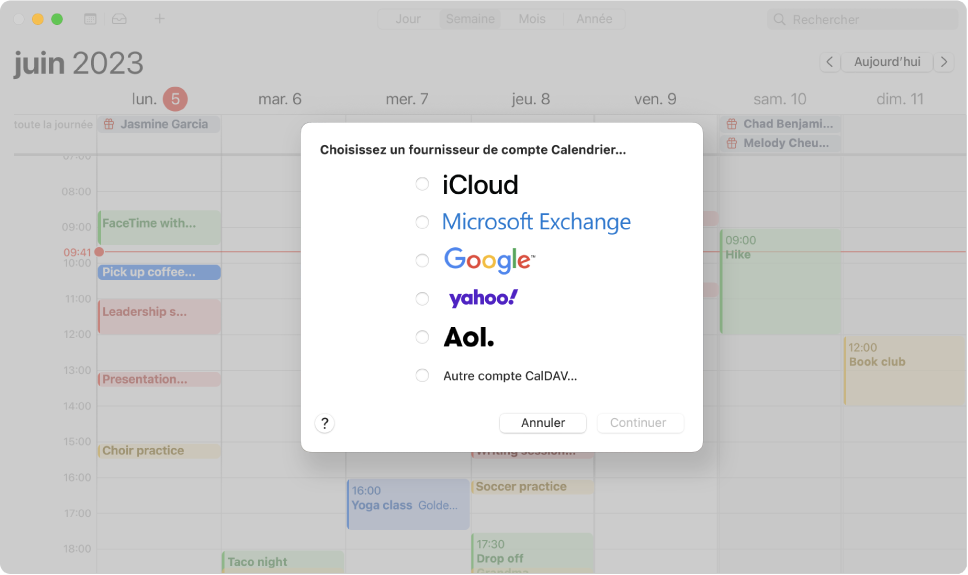 Une fenêtre Calendrier affichant la zone de dialogue du compte.