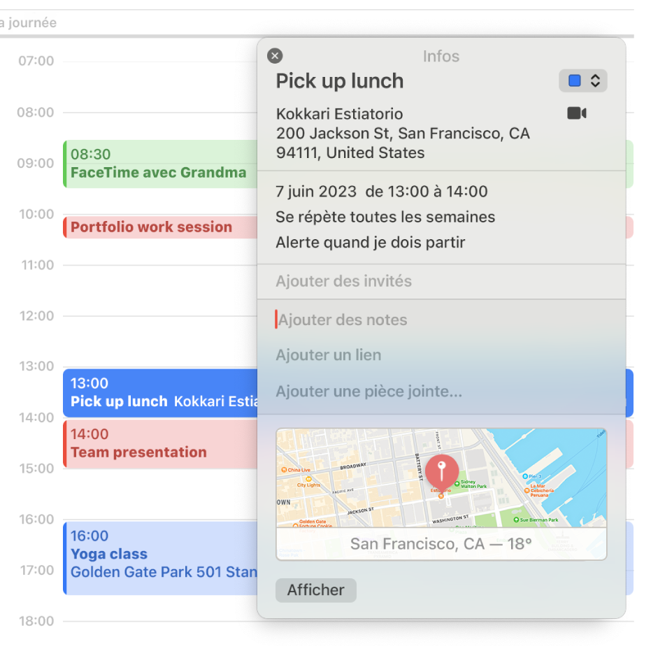 La fenêtre d’informations affichant la fenêtre de l’app Calendrier, avec les détails d’un évènement, notamment l’adresse, la date et un plan, avec des sections pour l’ajout de notes, d’URL et de pièces jointes.