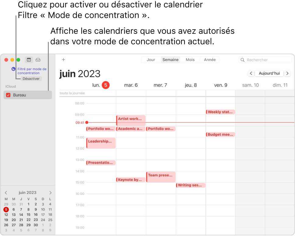 Une fenêtre Calendrier en présentation Semaine affichant uniquement le calendrier professionnel dans la barre latérale après que le mode de concentration Travail a été activé.