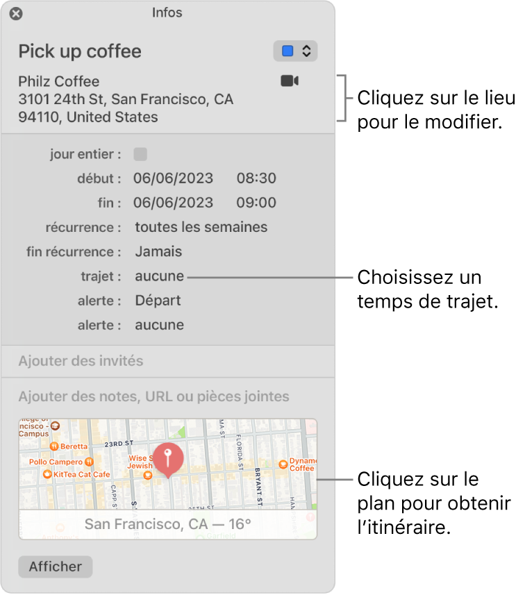 Fenêtre d’informations d’un évènement, avec le pointeur sur le menu local Temps de trajet Cliquez sur le lieu pour le modifier. Choisissez une durée de trajet dans le menu local. Cliquez sur le plan pour obtenir l’itinéraire.