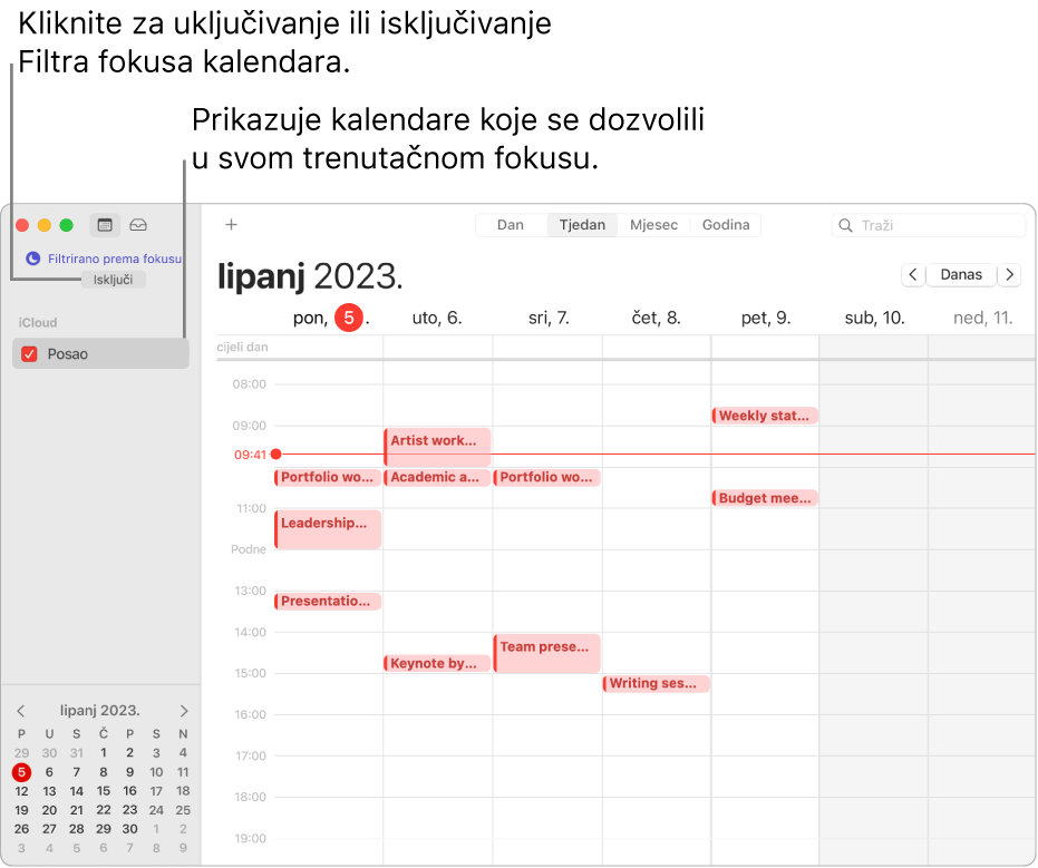 Prozor Kalendar u tjednom prikazu prikazuje samo kalendar Posao u rubnom stupcu, nakon što je uključen fokus Posao.