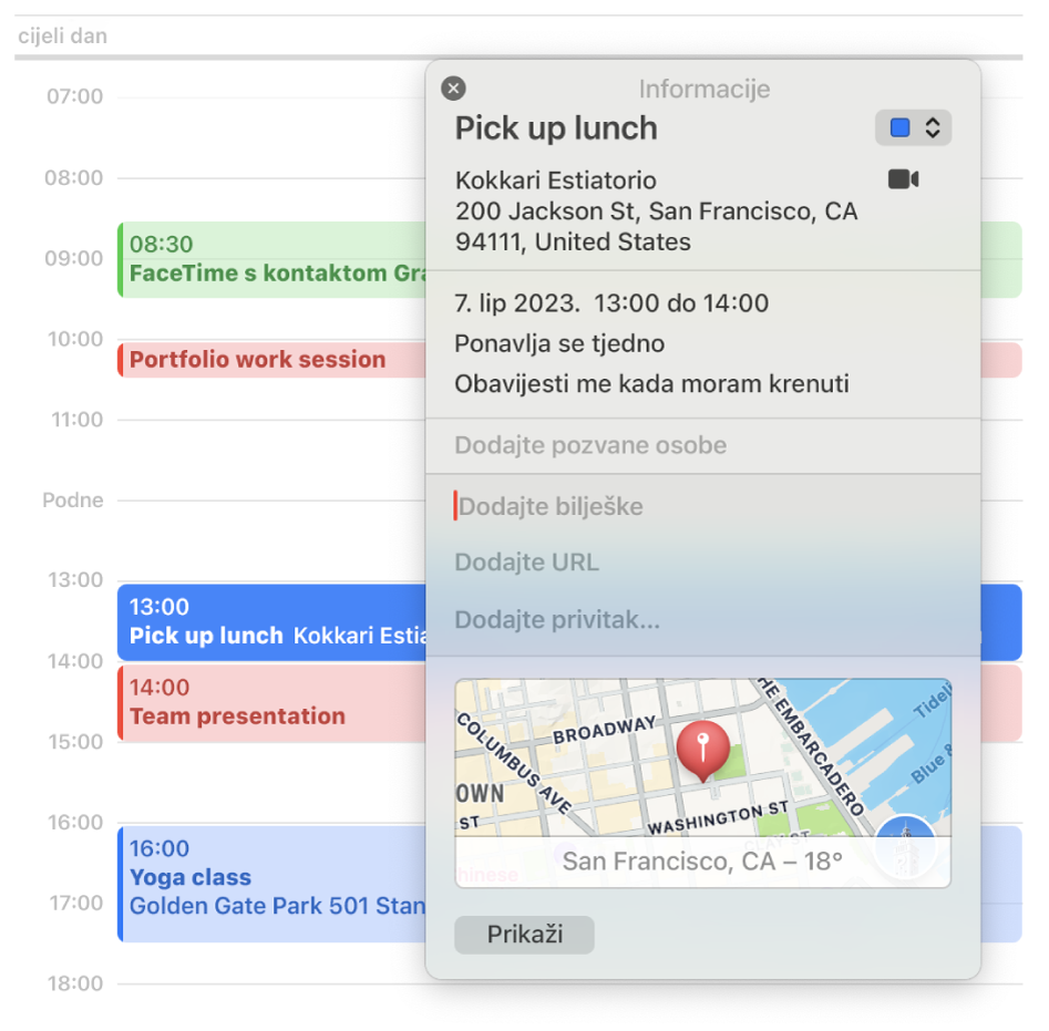 Prozor s informacijama u aplikaciji Kalendar s detaljima za događaj, uključujući adresu, datum i karticu, zajedno s odjeljcima za dodavanje bilješki, URL-ova i privitaka.