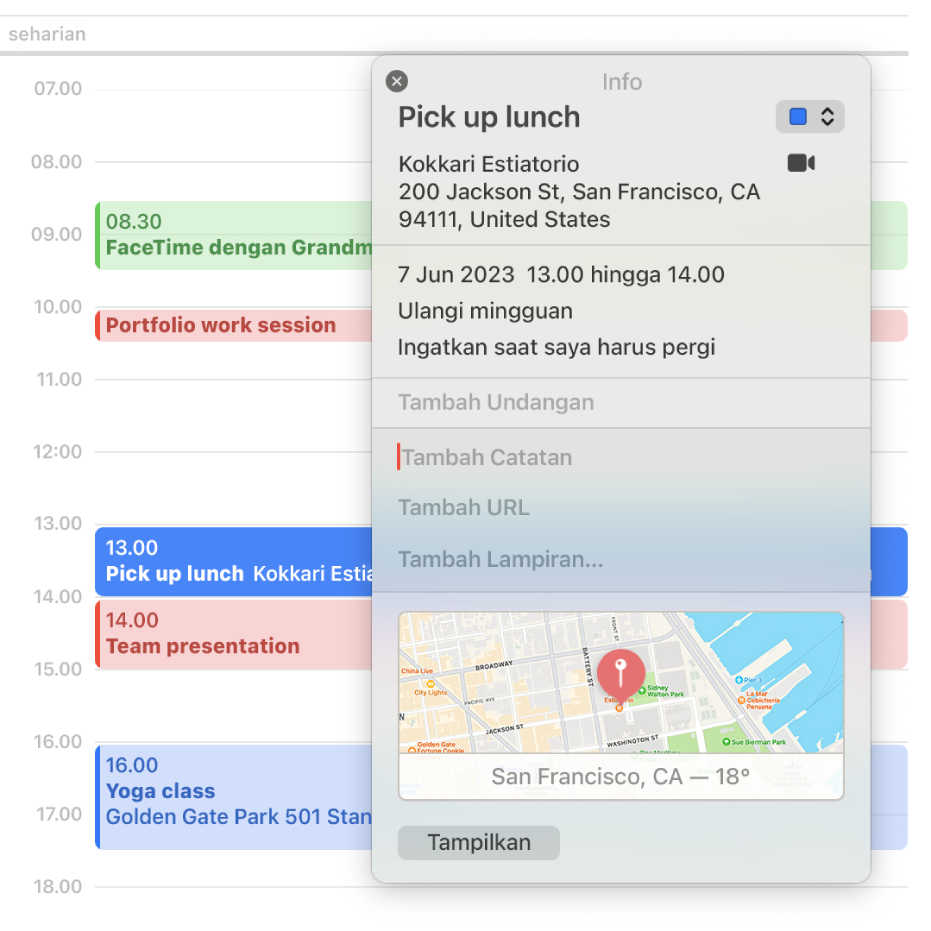 Jendela info di app Kalender, menampilkan detail untuk acara, termasuk alamat, tanggal, dan peta, beserta bagian untuk menambahkan catatan, URL, dan lampiran.