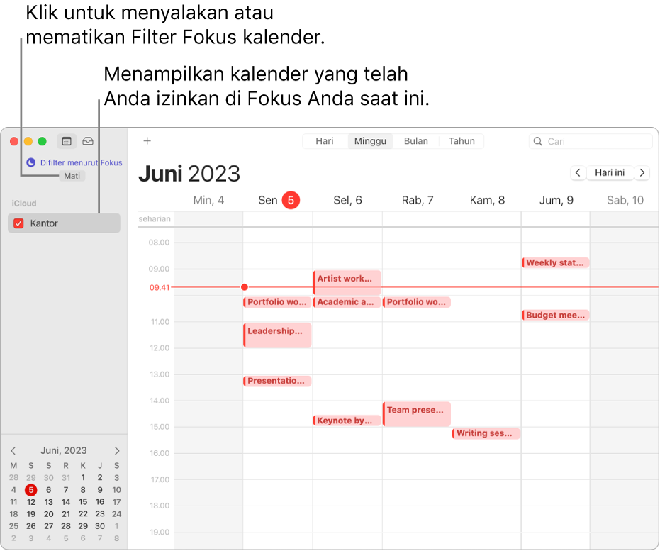 Jendela Kalender dalam tampilan Minggu hanya menampilkan kalender Kerja di bar samping setelah Fokus Kerja dinyalakan.