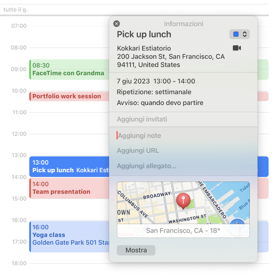 La finestra delle informazioni nell’app Calendario mostra i dettagli di un evento, tra cui l’indirizzo, la data e una mappa, oltre a sezioni per aggiungere note, URL e allegati.