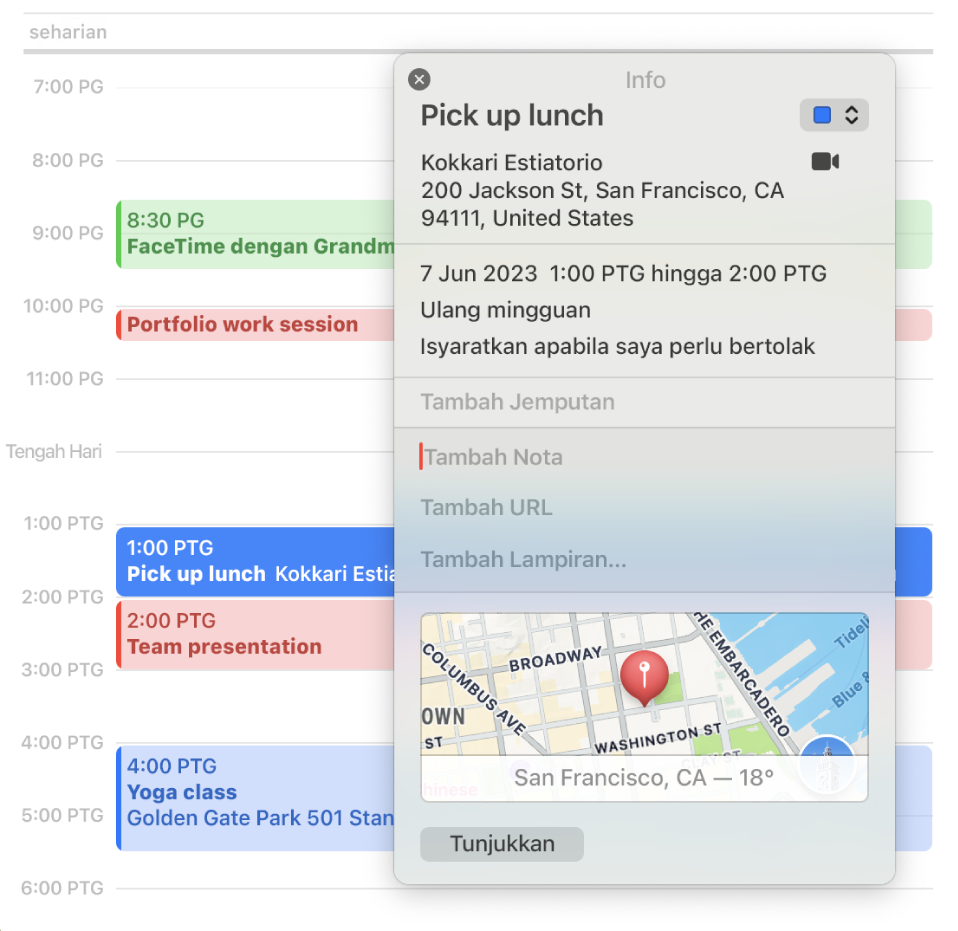 Tetingkap info dalam app Kalendar, menunjukkan butiran untuk peristiwa termasuk alamat, tarikh dan peta, bersama dengan bahagian untuk menambah nota, URL dan lampiran.