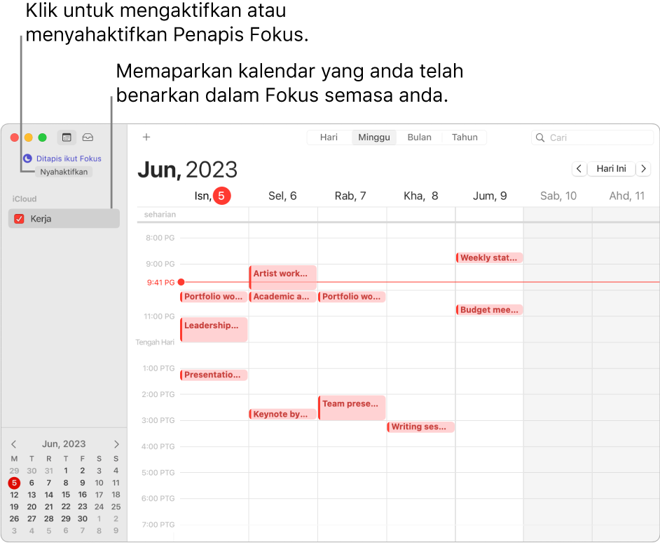 Tetingkap Kalendar dalam paparan Minggu menunjukkan hanya kalendar Kerja dalam bar sisi selepas Fokus Kerja telah diaktifkan.