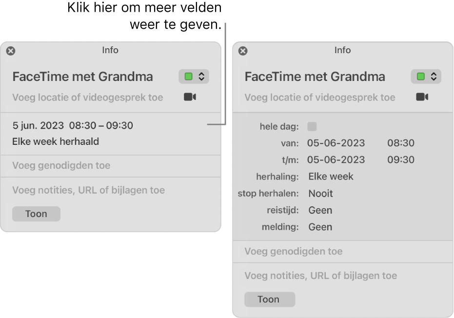 De afbeelding links is een niet-uitgevouwen infovenster voor een activiteit. Rechts is het infovenster voor dezelfde activiteit uitgevouwen en geeft extra velden weer, zoals begin- en eindtijd, herhaling en reistijd.