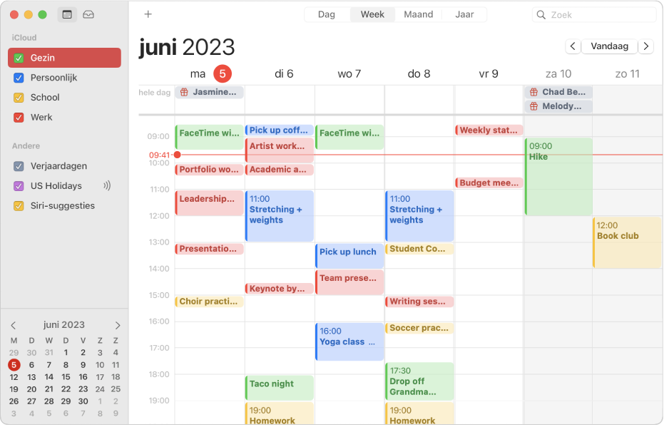 Een Agenda-venster in de maandweergave met een privé-, werk-, gezins- en schoolagenda in verschillende kleuren in de navigatiekolom onder de iCloud-account.