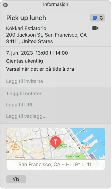 Et infovindu for en Kalender-hendelse. Hendelsesdetaljene vises, inkludert stedsnavn, adresse og et lite kart.