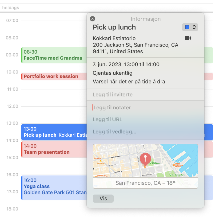 Infovinduet i Kalender-appen med detaljer om en hendelse, blant annet adressen, datoen og et kart i tillegg til inndelinger der det kan legges til notater, URL-er og vedlegg.