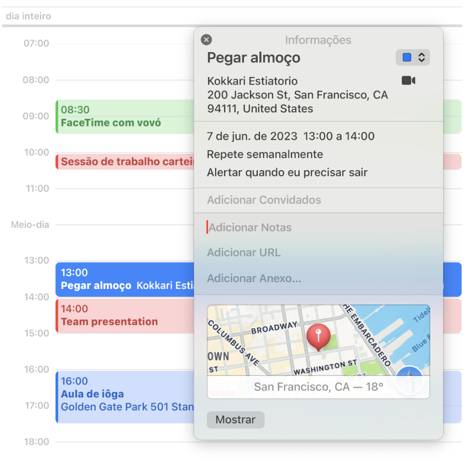 Janela de informações no app Calendário mostrando detalhes de um evento, incluindo o endereço, a data e um mapa, além de seções para adicionar notas, URLs e anexos.