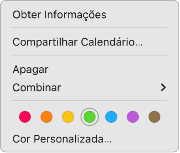 Um menu de atalho do Calendário mostrando opções para definir a cor do calendário.