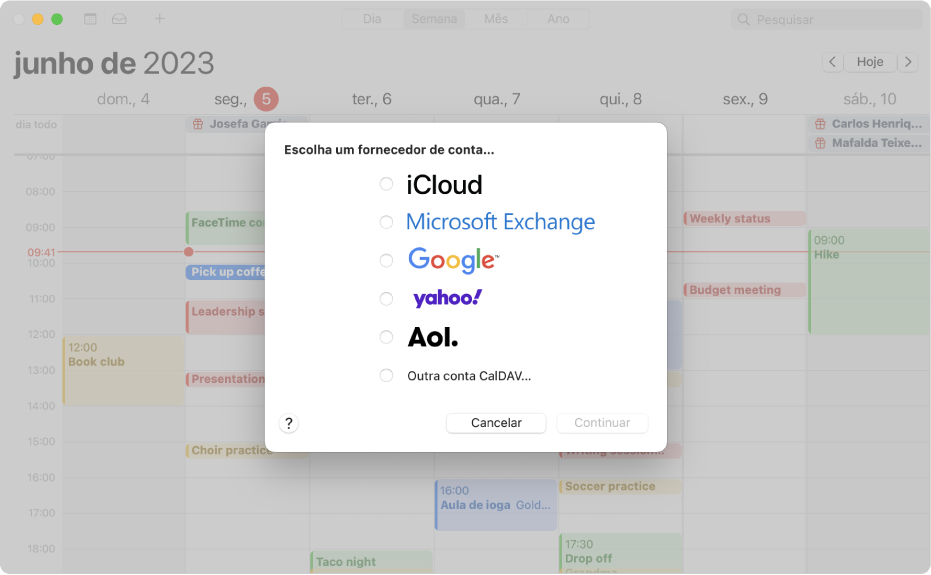 Uma janela do Calendário mostra a caixa de diálogo da conta.
