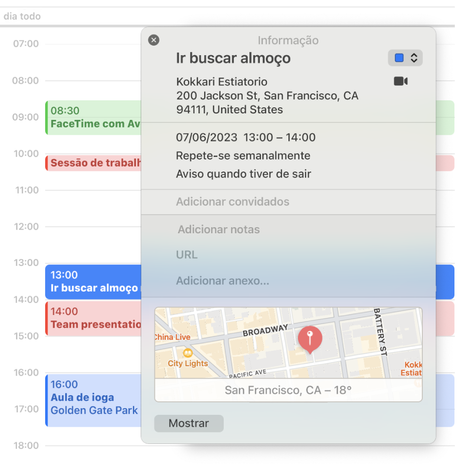 A janela de informação na aplicação Calendário, a mostrar os detalhes para um evento, incluindo o endereço, data e um mapa, juntamente com as secções para adicionar notas, URL e anexos.