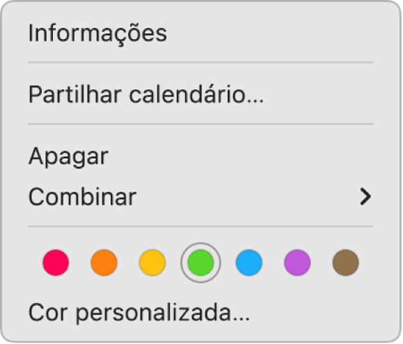 Um menu de atalhos do Calendário mostra opções para definir a cor do calendário.