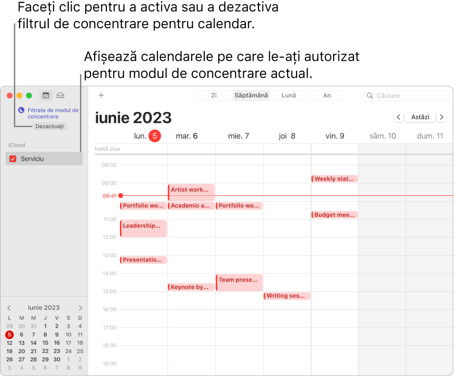 O fereastră Calendar în vizualizarea Săptămână afișând doar calendarul Serviciu în bara laterală după ce modul de concentrare Muncă a fost activat.