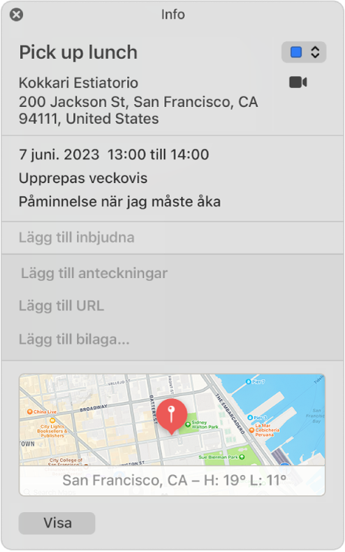 Ett infofönster för en kalenderaktivitet. Informationen om aktiviteten visas, exempelvis platsens namn och adress och en liten karta.