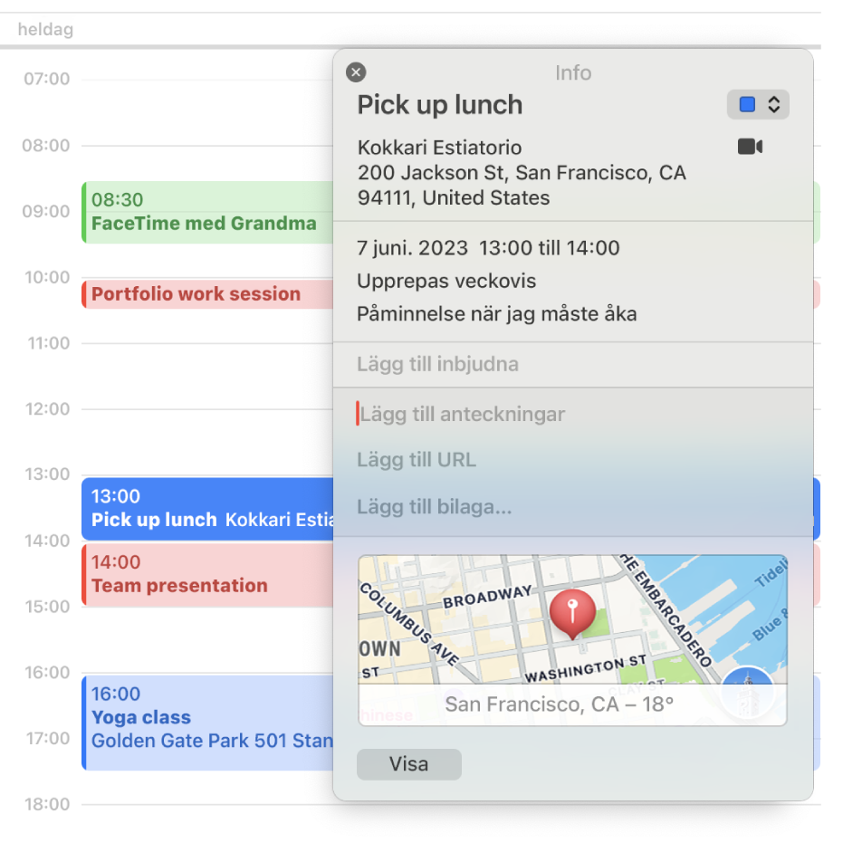 Infofönstret i appen Kalendar visar detaljer för en aktivitet som omfattar adress, datum och en karta tillsammans med avsnitt där du kan lägga till anteckningar, URL:er och bilagor.