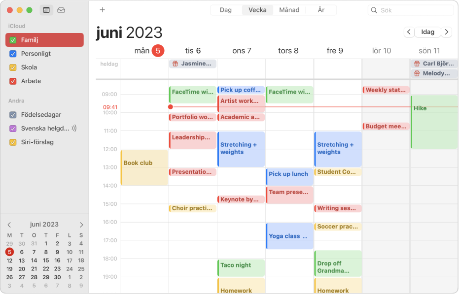 Ett kalenderfönster i månadsvy som visar färgkodade kalendrar för jobbet, familjen, skolan eller dig själv i sidofältet under iCloud-kontorubriken.