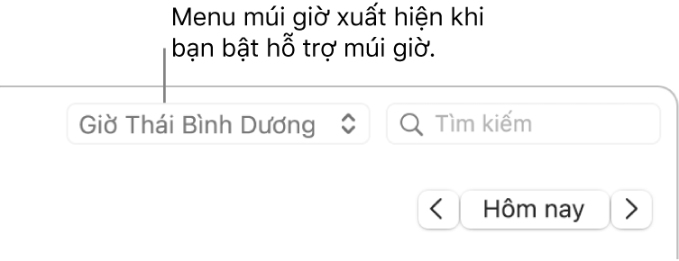 Menu múi giờ xuất hiện ở bên trái trường tìm kiếm khi bạn bật hỗ trợ múi giờ