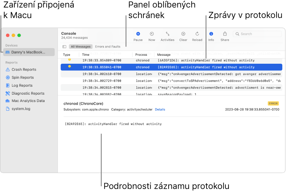 Okno Konzoly, v němž jsou nalevo zobrazena zařízení připojená k Macu, napravo zprávy protokolu a u dolního okraje podrobnosti protokolu; je zde také zobrazen panel Oblíbené s uloženými hledáními