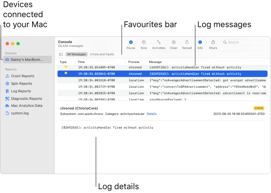 The Console window showing devices connected to your Mac on the left, log messages on the right, and log details on the bottom; there is also a Favourites bar showing your saved searches.
