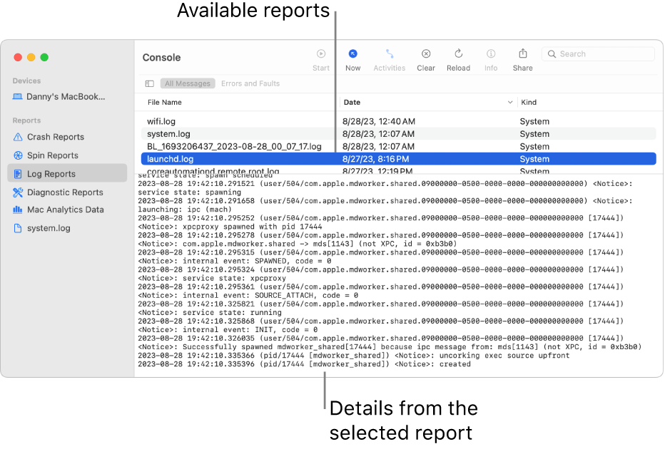The Console window showing report categories in the sidebar, reports on the top and to the right of the sidebar, and report details below.