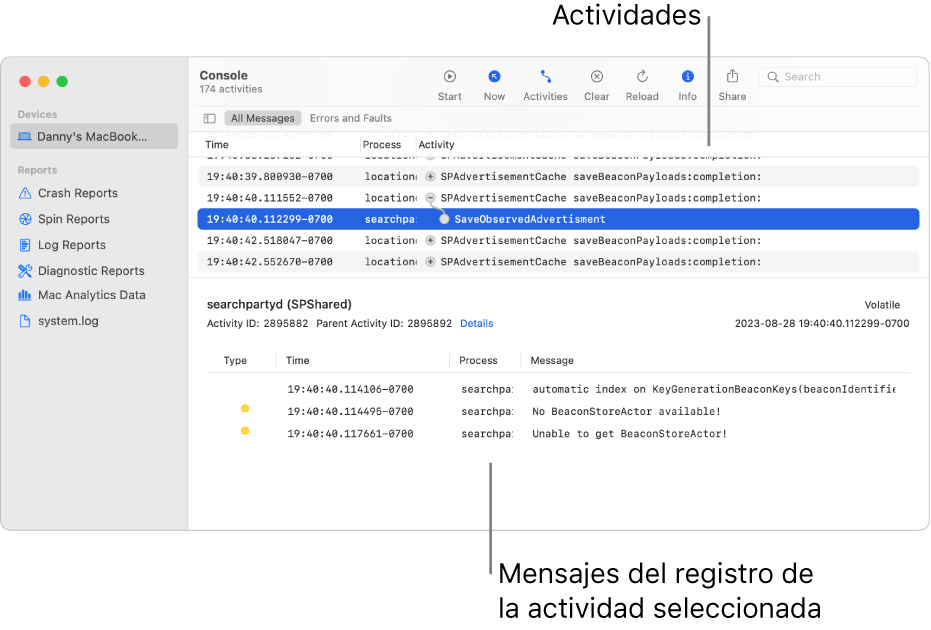 Ventana de Consola mostrando actividades en la parte superior y, en la parte inferior, mensajes de registro de las actividades seleccionadas.