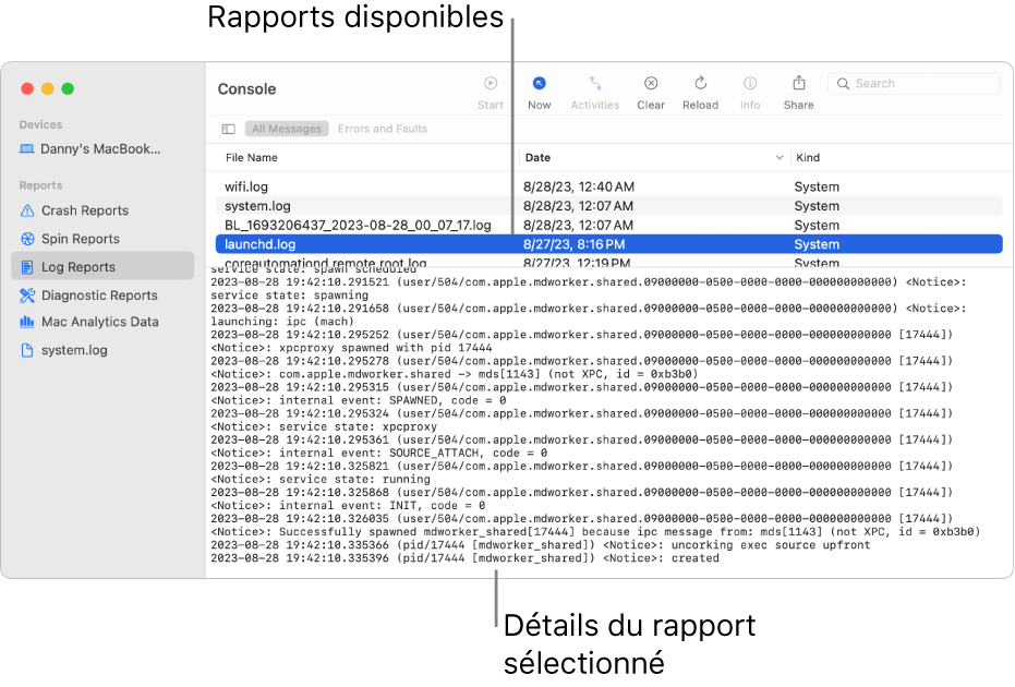 La fenêtre de Console présentant les catégories de rapport dans la barre latérale, les rapports en haut et à droite de la barre latérale, et les détails des rapports en dessous.