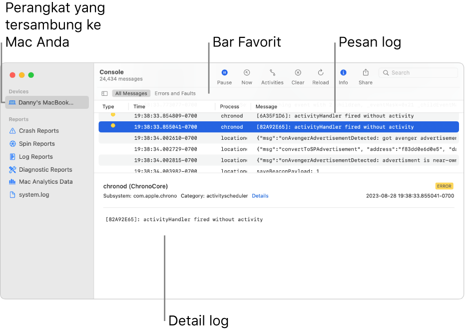 Jendela Konsol menampilkan perangkat yang tersambung ke Mac Anda di sebelah kiri, pesan log di sebelah kanan, dan detail log di bagian bawah; terdapat juga bar Favorit dengan pencarian yang Anda simpan.