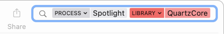 Bidang pencarian di jendela Konsol dengan kriteria pencarian diatur untuk menemukan pesan dari proses Spotlight, tetapi tidak dari perpustakaan Quartzcore.