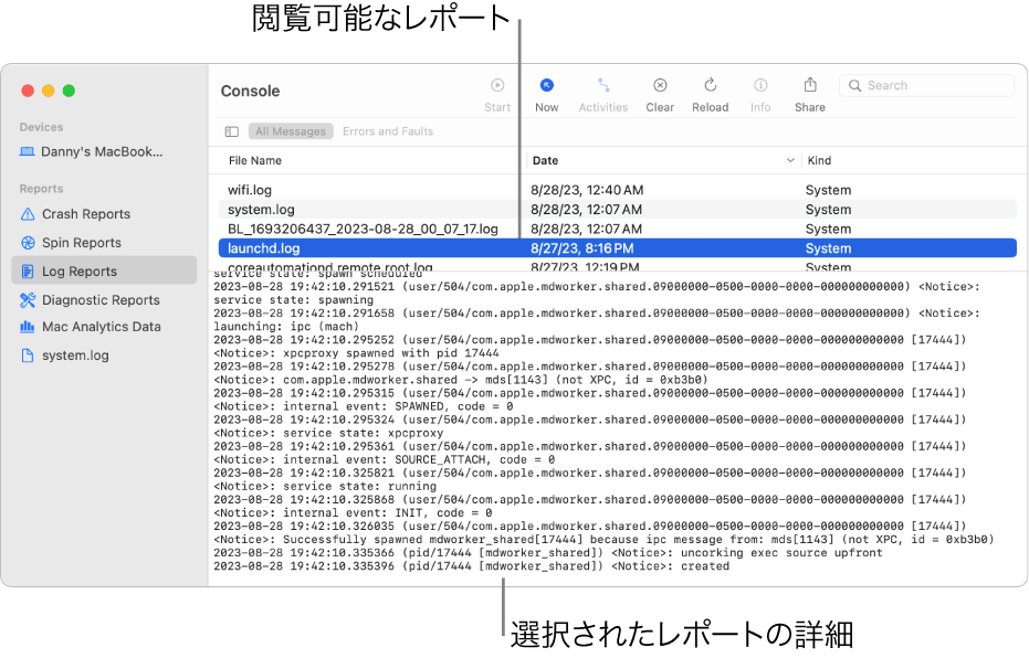 「コンソール」ウインドウ。サイドバーにレポートカテゴリ、上部およびサイドバーの右側にレポート、下にレポートの詳細が表示されています。