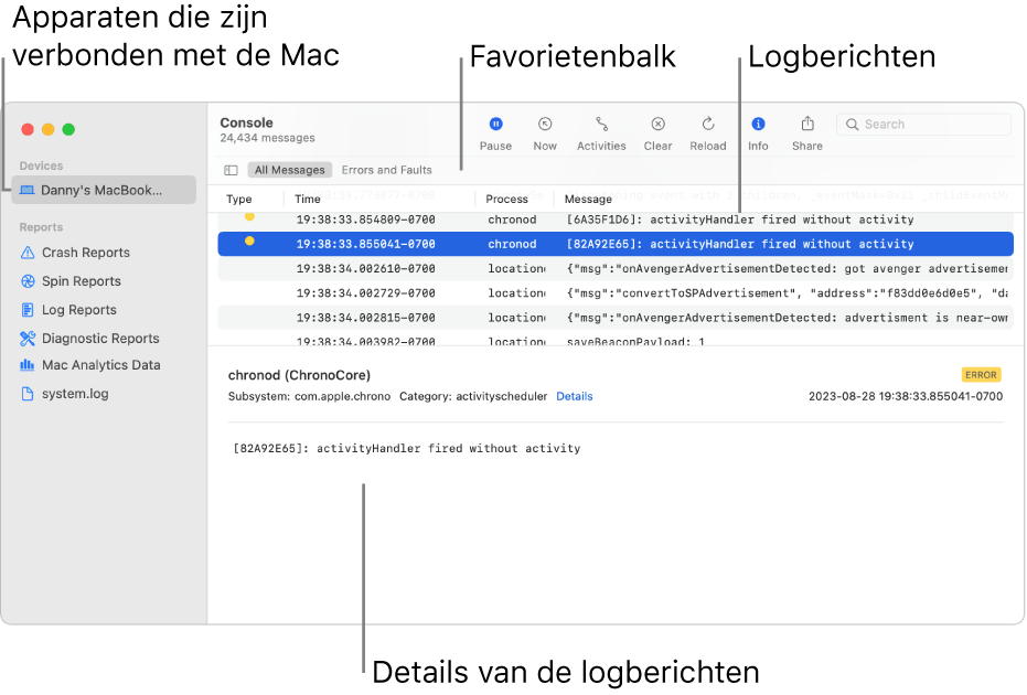 Het Console-venster met aan de linkerkant de apparaten die met de Mac zijn verbonden, aan de rechterkant de logberichten en onderin de details van de logberichten; op de favorietenbalk staan de bewaarde zoekacties.