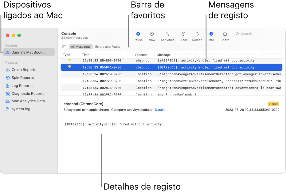 A janela da Consola a apresentar dispositivos ligados ao Mac à esquerda, mensagens de registo à direita e detalhes de registo na parte inferior; existe também uma barra de favoritos com as suas pesquisas guardadas