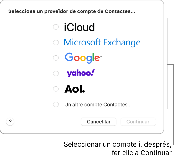 Llista de tipus de comptes d’internet que pots afegir a l’app Contactes: iCloud, Exchange, Google, Yahoo, AOL i “Un altre compte Contactes…”.