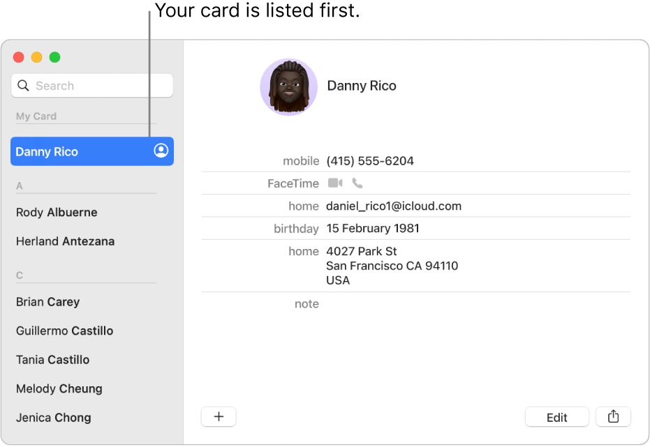The Contacts sidebar showing the ‘me’ card listed at the top.