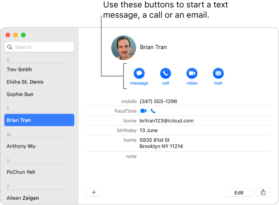 A contact card showing the buttons located below the contact’s name. You can use these buttons to start a text message; a phone; audio or video call, or an email.
