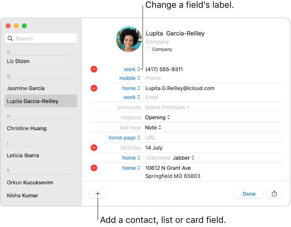 A contact card showing a field label that can be changed and the button at the bottom of the card for adding a contact, list or card field.