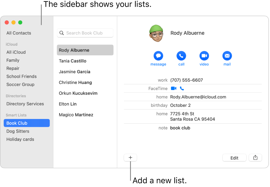 The Contacts window showing the sidebar with lists, such as Cycling list, and the button at the bottom of a contact card for adding a new list.