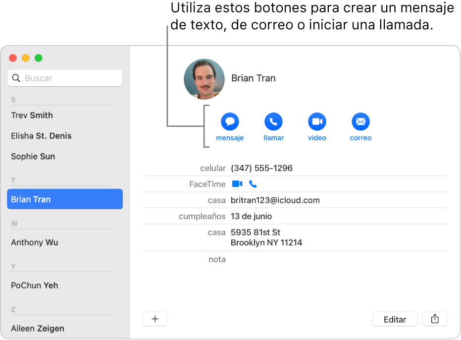 Una tarjeta de contacto mostrando los botones ubicados debajo del nombre del contacto. Puedes usar estos botones para enviar un mensaje de texto o un correo; o para iniciar una llamada de video; de audio o de teléfono.