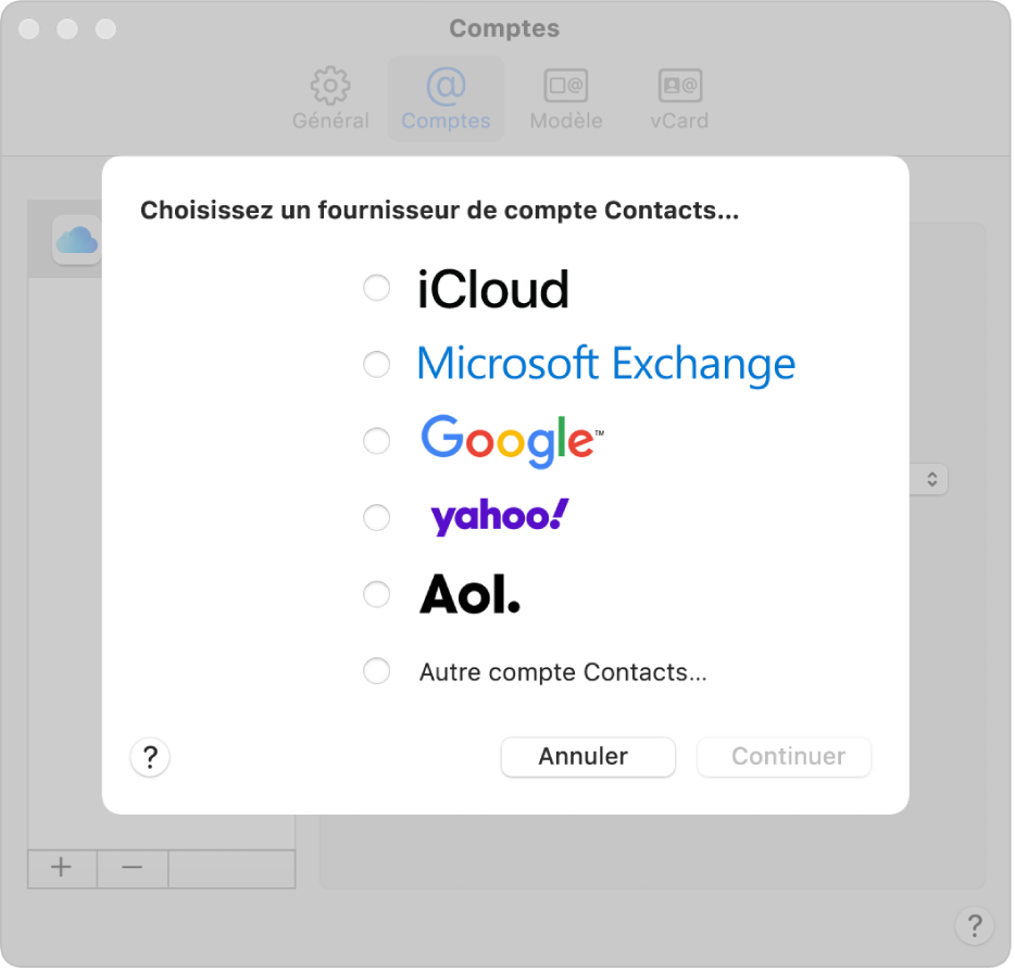 Fenêtre permettant d’ajouter des comptes Internet à l’app Contacts.