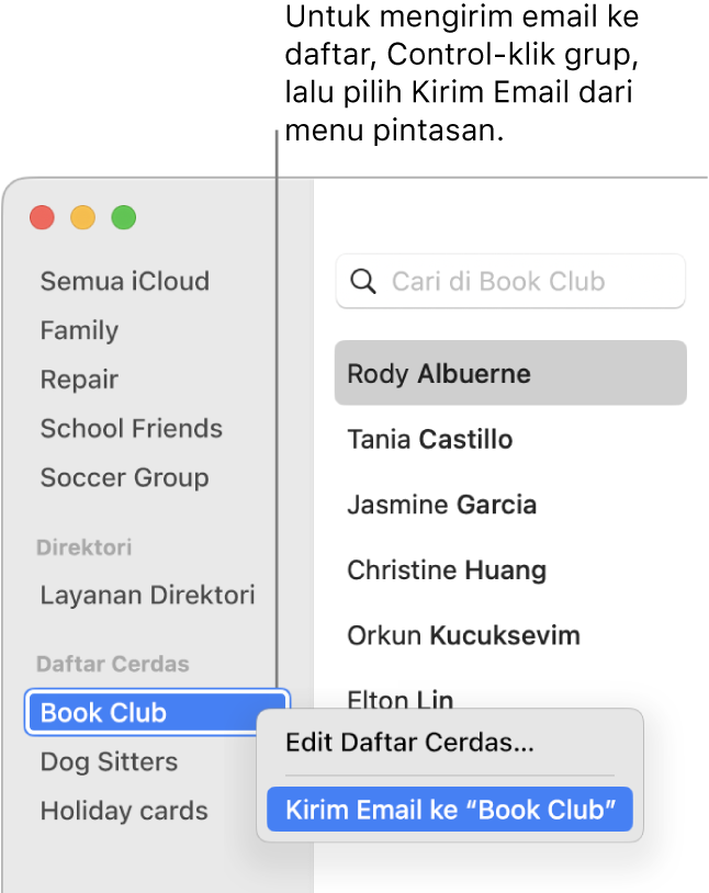 Bar samping Kontak yang menampilkan menu pop-up dengan perintah untuk mengirim email ke daftar yang dipilih.