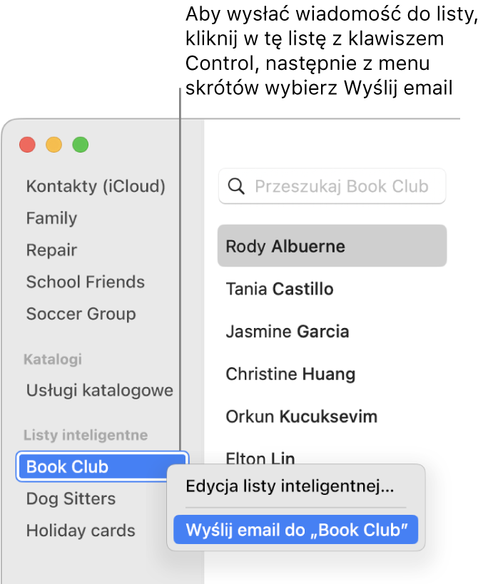 Pasek boczny Kontaktów z menu wyskakującym, zawierającym polecenie pozwalające na wysłanie wiadomości email do zaznaczonej listy.