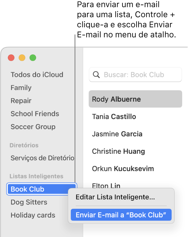 Barra lateral do app Contatos mostrando o menu pop-up com o comando para enviar um e‑mail para a lista selecionada.