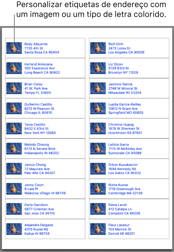 Uma pré-visualização das etiquetas de correio, personalizadas com uma imagem e cor do tipo de letra, prontas a imprimir