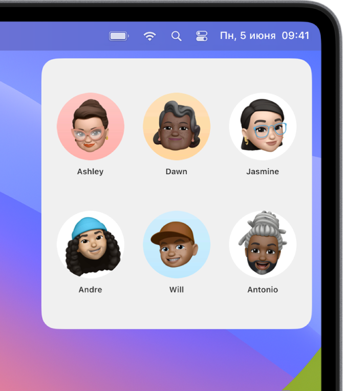 Виджет приложения «Контакты» с шестью контактами.